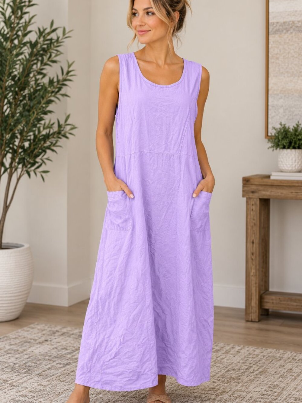 XXL Lavender Purple Maxi Dress Sleeveless Pockets Lagenlook Minimalist Boho
